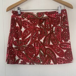 J. CREW Sz 0 Cotton Blend Paisley Mini Skirt Pockets Red/Green Holiday Fall
